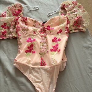 Lulu's Pink Floral Embroidered Bodysuit
